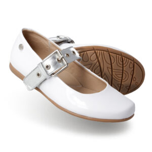 Zapato Niña Tipo Mary Jane Blanco y Plata con Hebilla