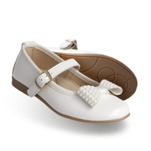Zapato Mary Jane Karsten Niña, Blanco Moño Perlas.